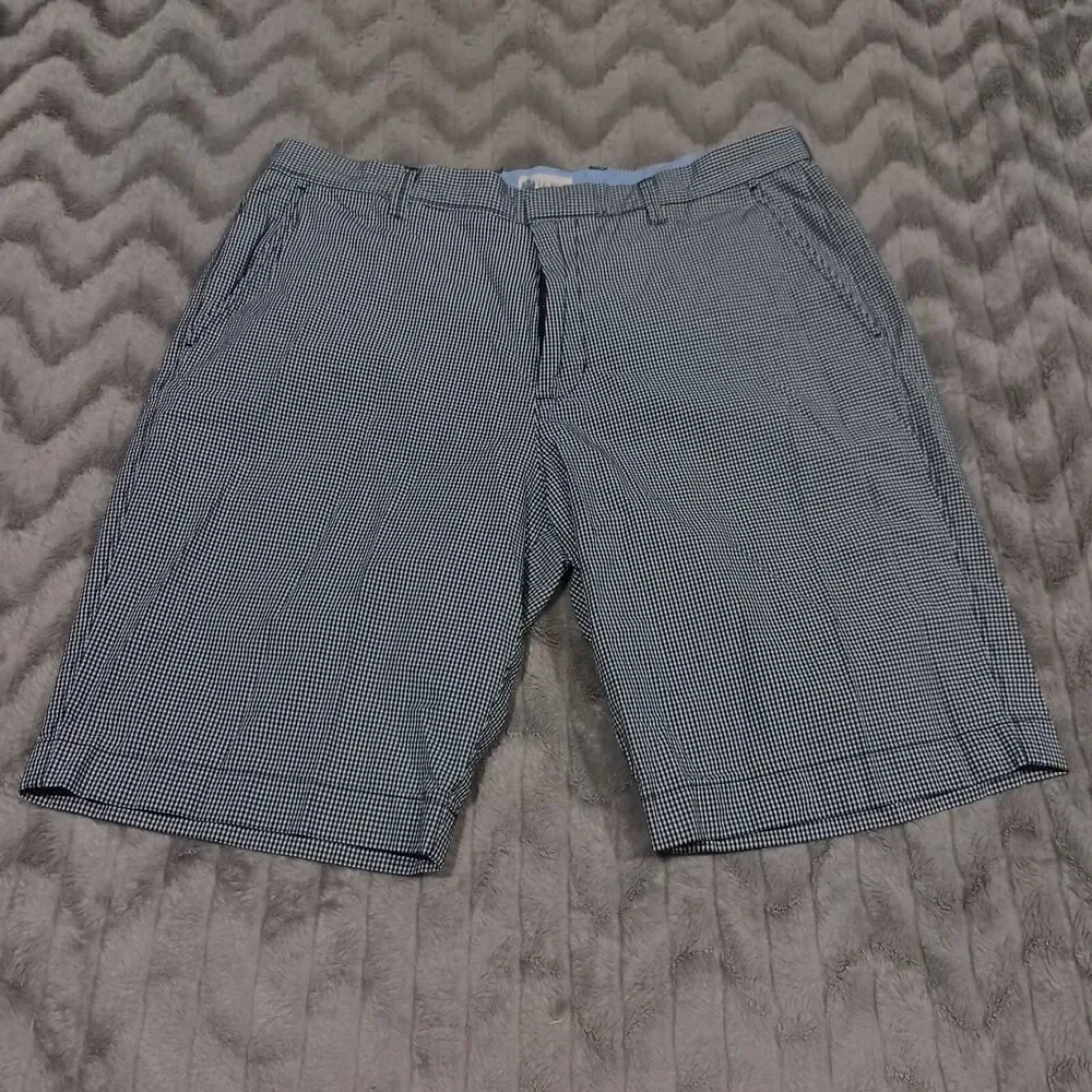 J Crew Mens Size 35 Black White Plaid Flat Front Chino Shorts